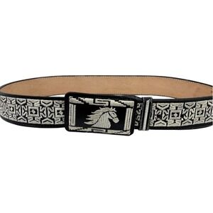 Elto Embroidered Leather Belt Horse Buckle Black & White Size 38
